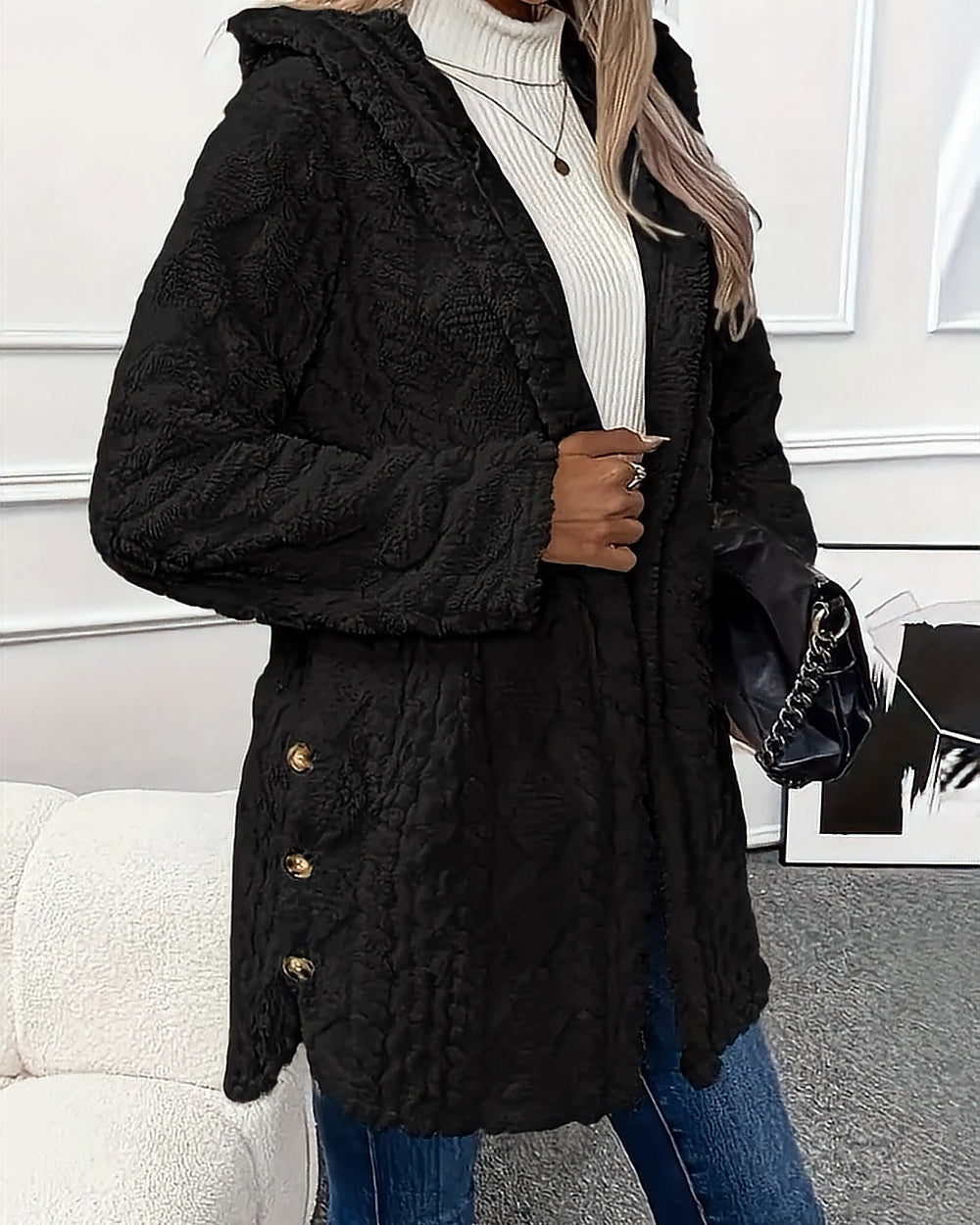 Cable-Texture Teddy Hooded Jacket – Black