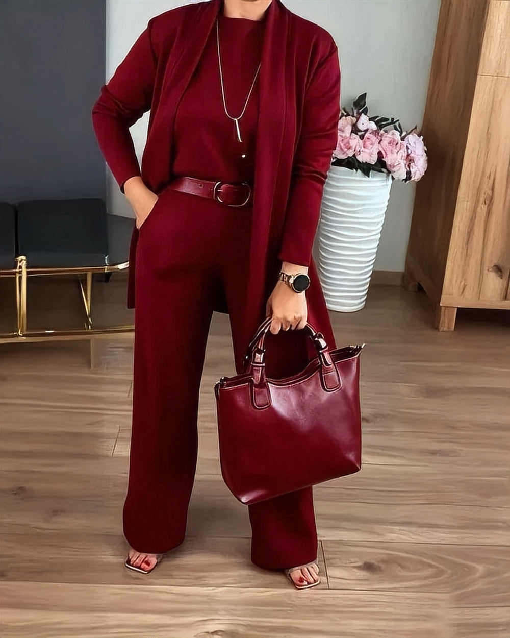 Three-Piece Knit Co-ord Set – Burgundy