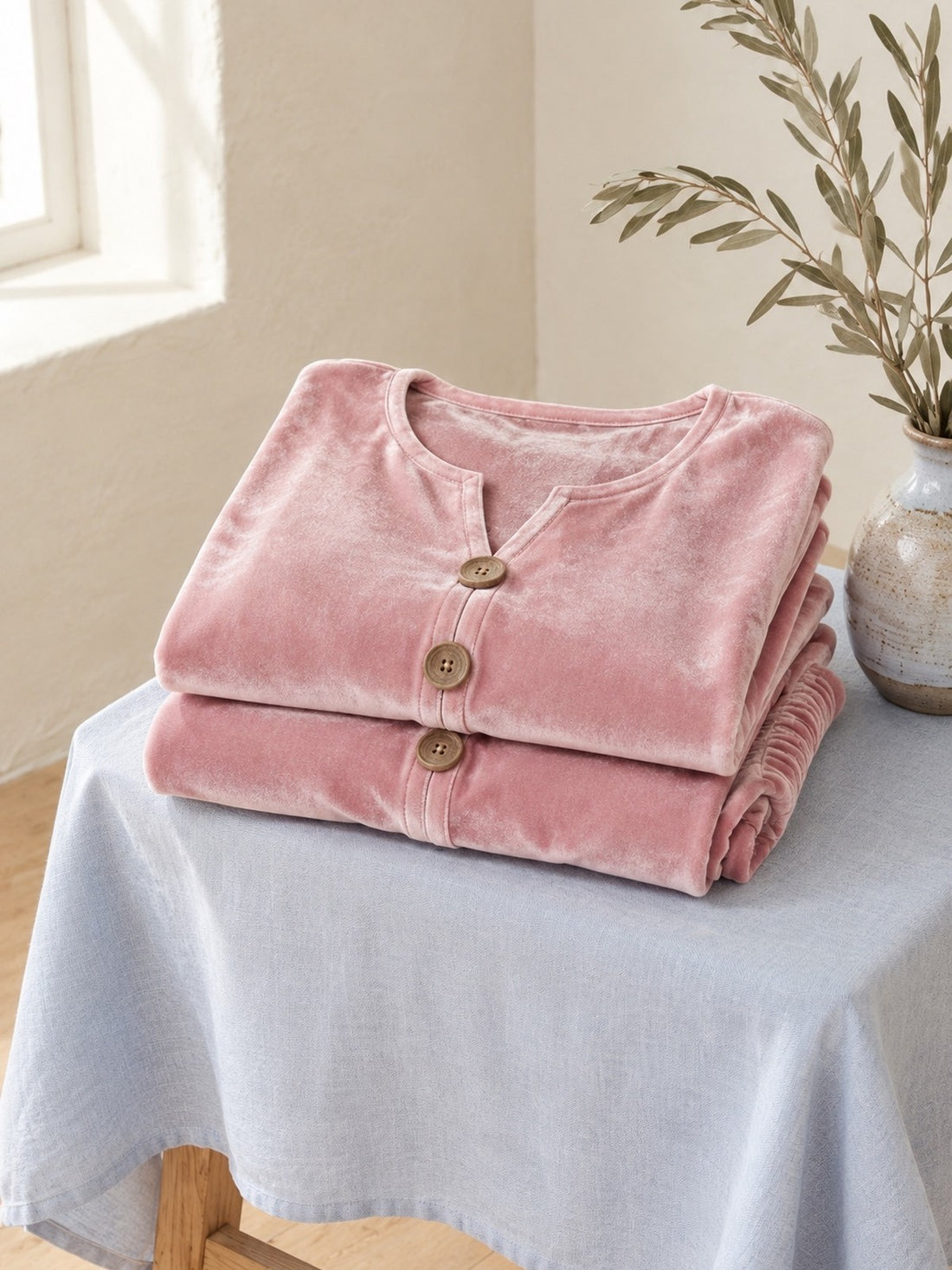 Velvet Loungewear Set folded on a stool, showing the velvet and large buttons