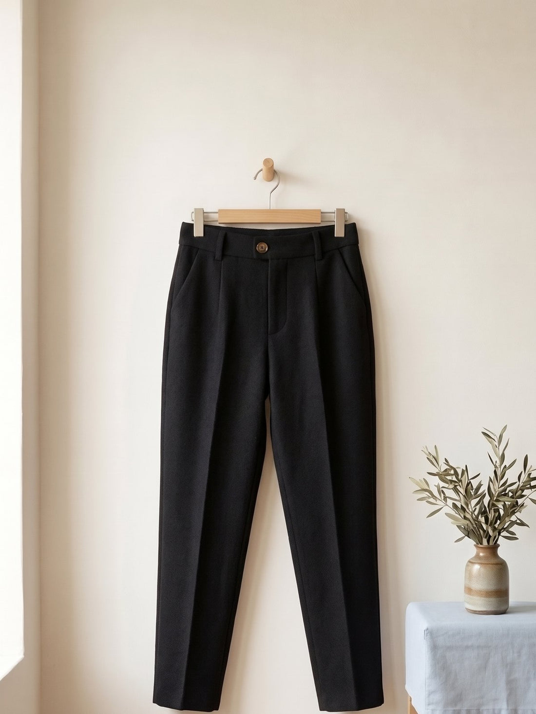 Wool-Look Tapered Trousers in Black