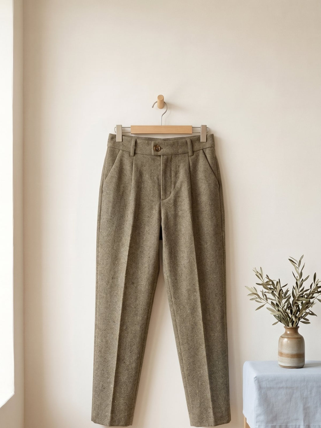 Wool-Look Tapered Trousers in Khaki